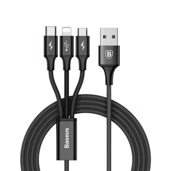 Baseus Rapid Series 3-in-1 Cable (Micro+Type-C+iP) Micro USB / Type-C / 8 Pin switch freely, compatible with most of devices, bringing a great convenience to you. With bold high-quality tinned copper wire core, speeding up charging by 30 percent. With fine woven wire, the cable body is compactly converged, fashionable and abrasion resistant. Anti-twining design, more tensile and durable, enabling you to have no more hassle of tangling cords. Current: 3A (Max) ; 2A Max Per Cable Cable length: 1.2M Data Transfer: Only iPhone interface has data transmission function